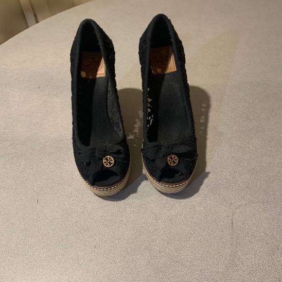 Tory Burch Black Fabric Platform Wedge Espadrilles sz 8.5 B - Picture 1 of 8